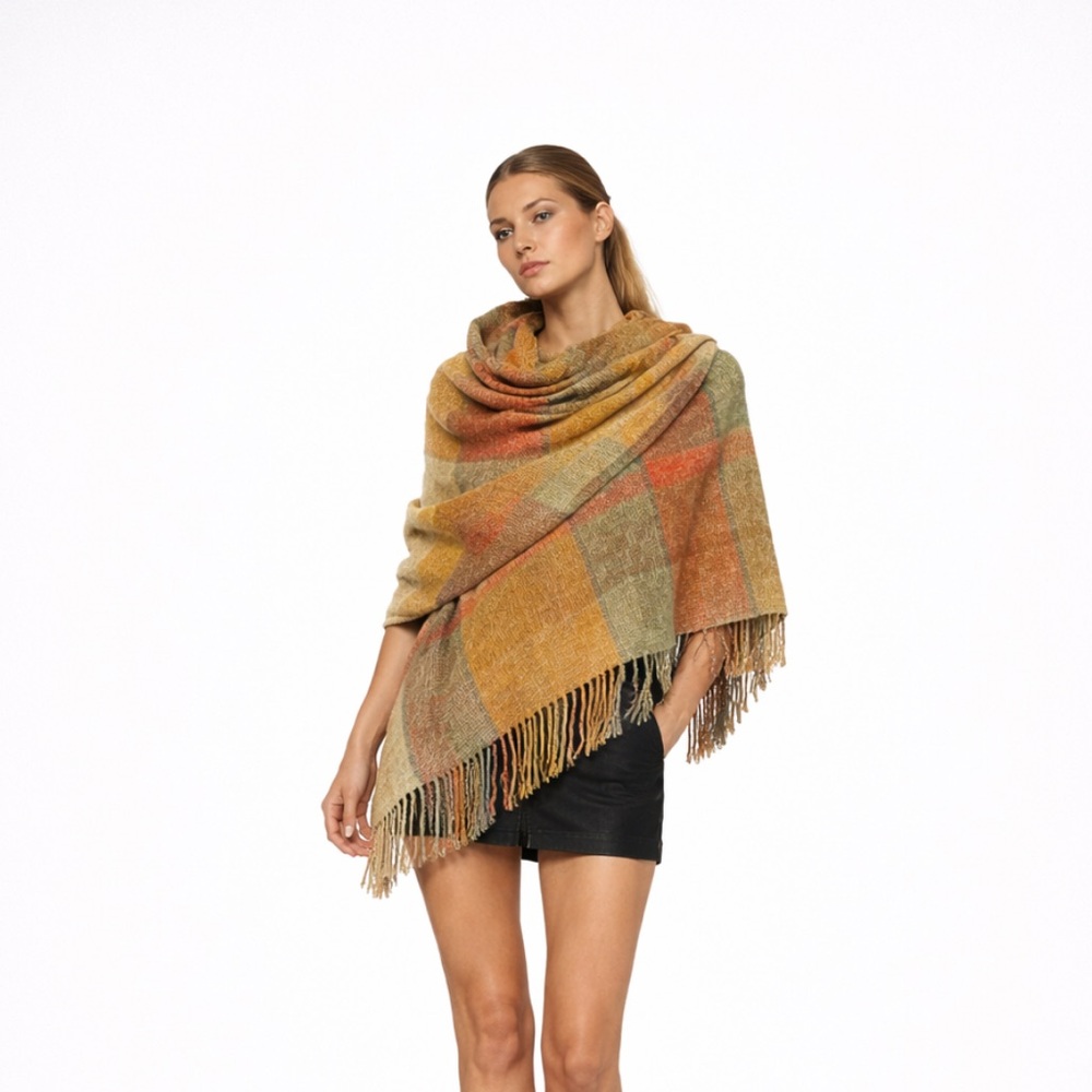 Handwoven Multicolor Plaid Woven cape shawl Blanket jacket sweater scarf
